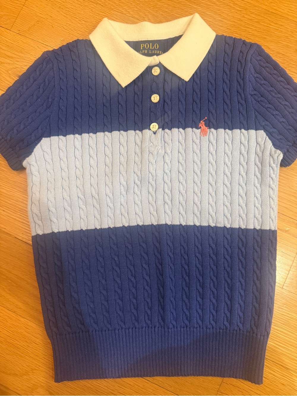Polo by Ralph Lauren Short-Sleeve Cable-Knit Polo — Navy, Light Blue & Cream
